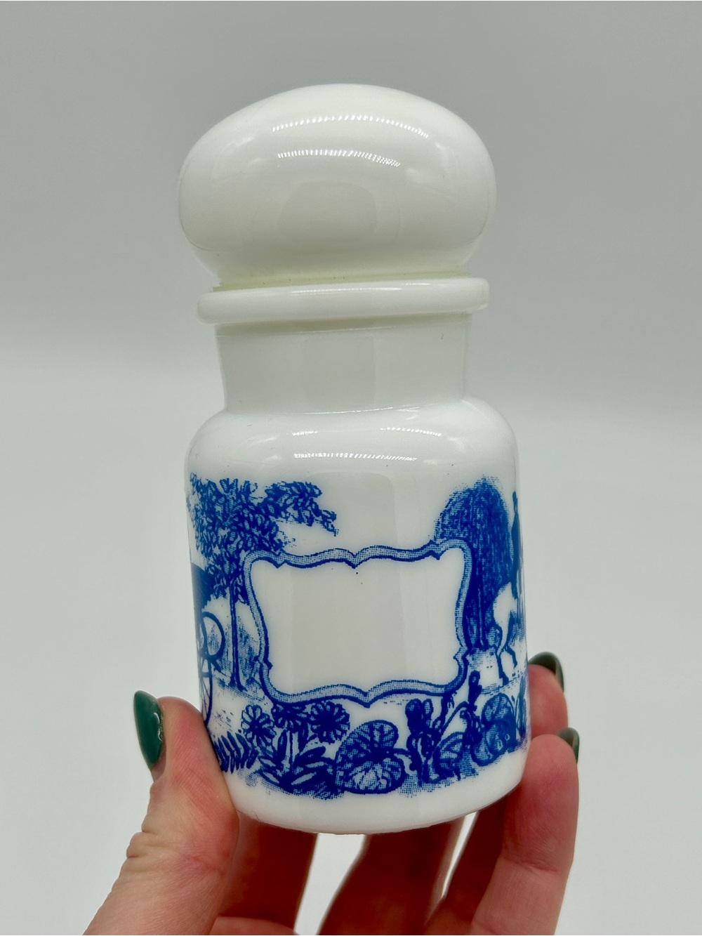 Vintage Blue & White Milk Glass Spice Jar Apothecary Bottle Made in Belgium
